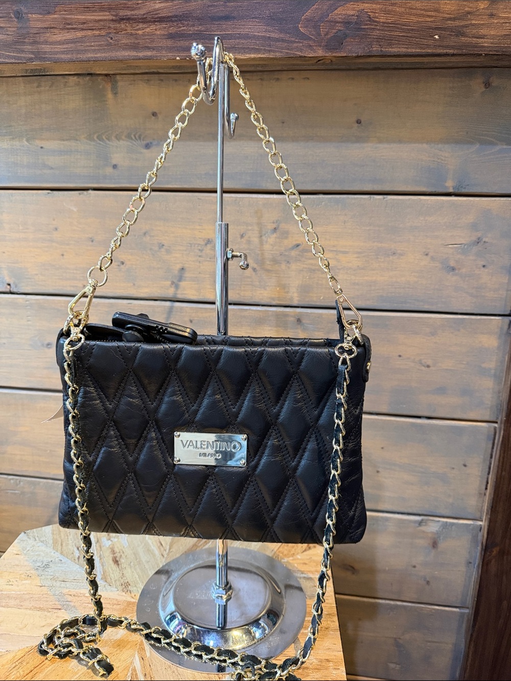 Valentino Black Quilted Crossbody with Gold Chain